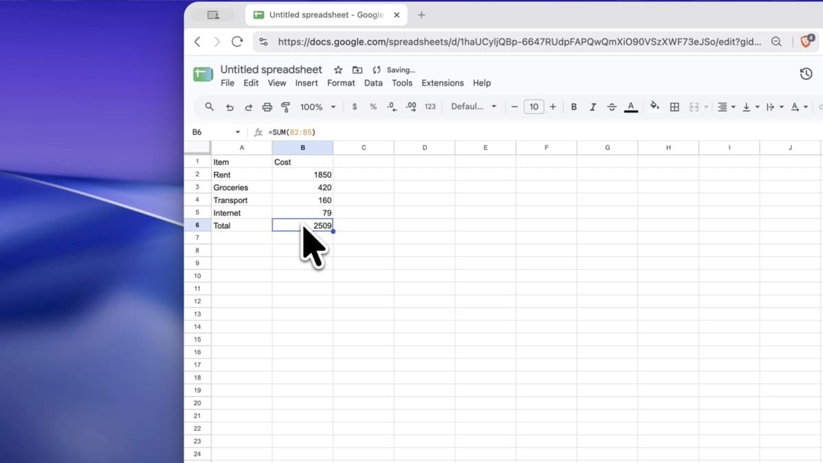 An AI agent typing a formula into a spreadsheet while ShotGlass records