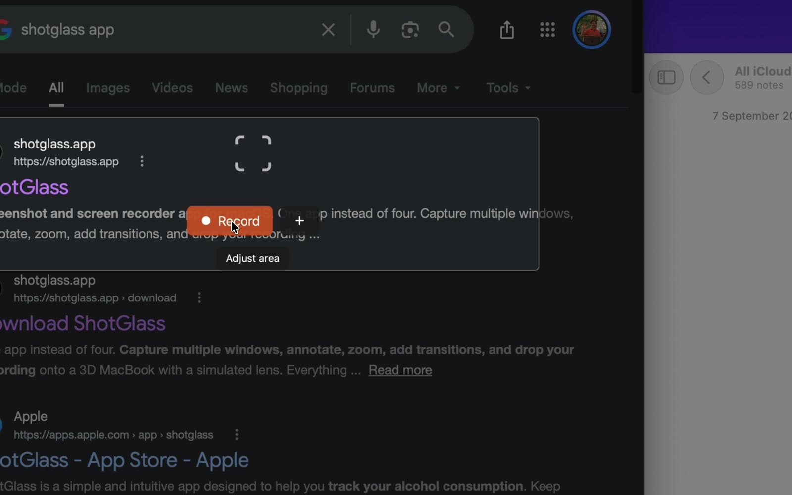 Cursor on Record inside the selected Safari search area