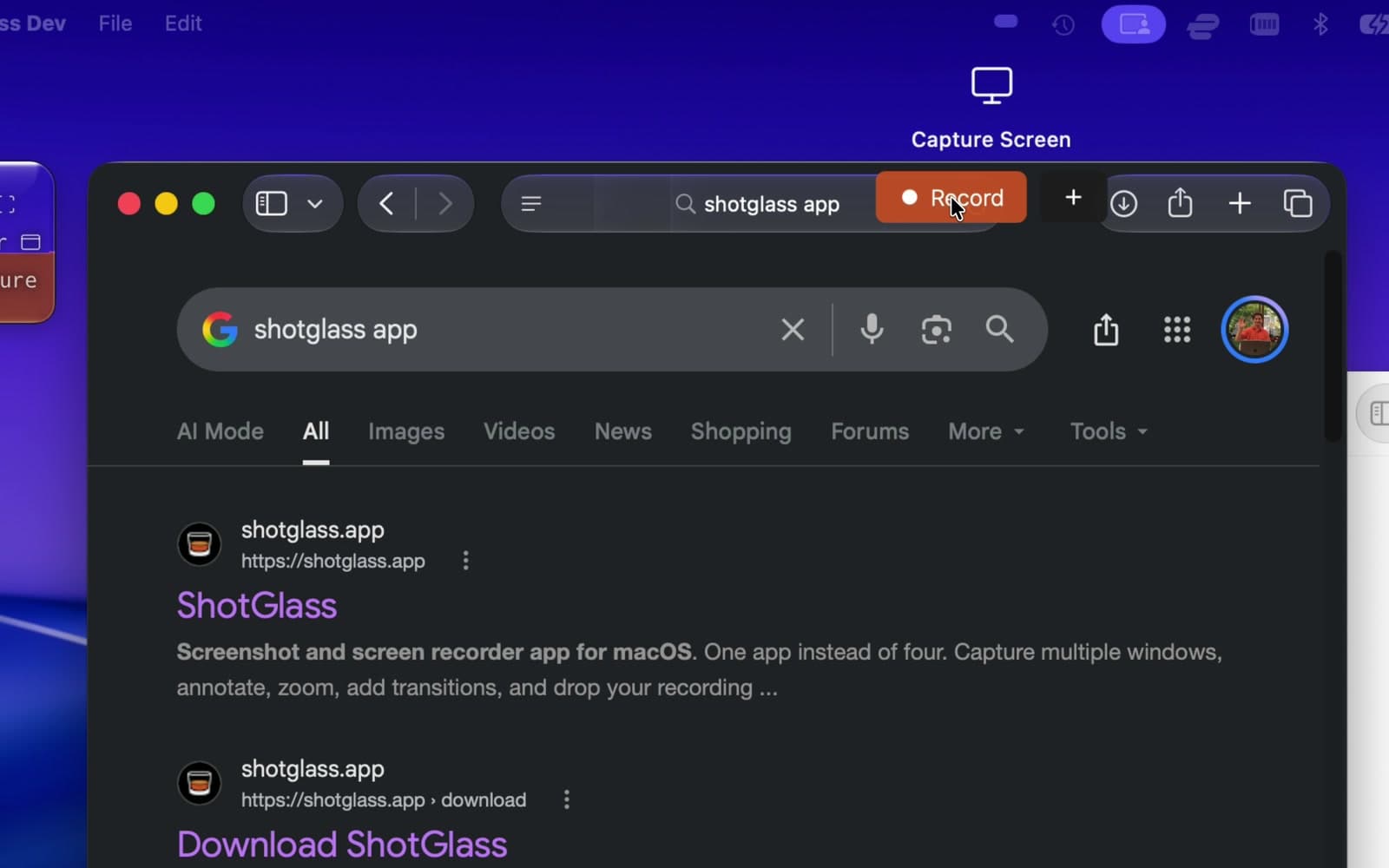 Cursor on Record in the full-display Capture Screen panel