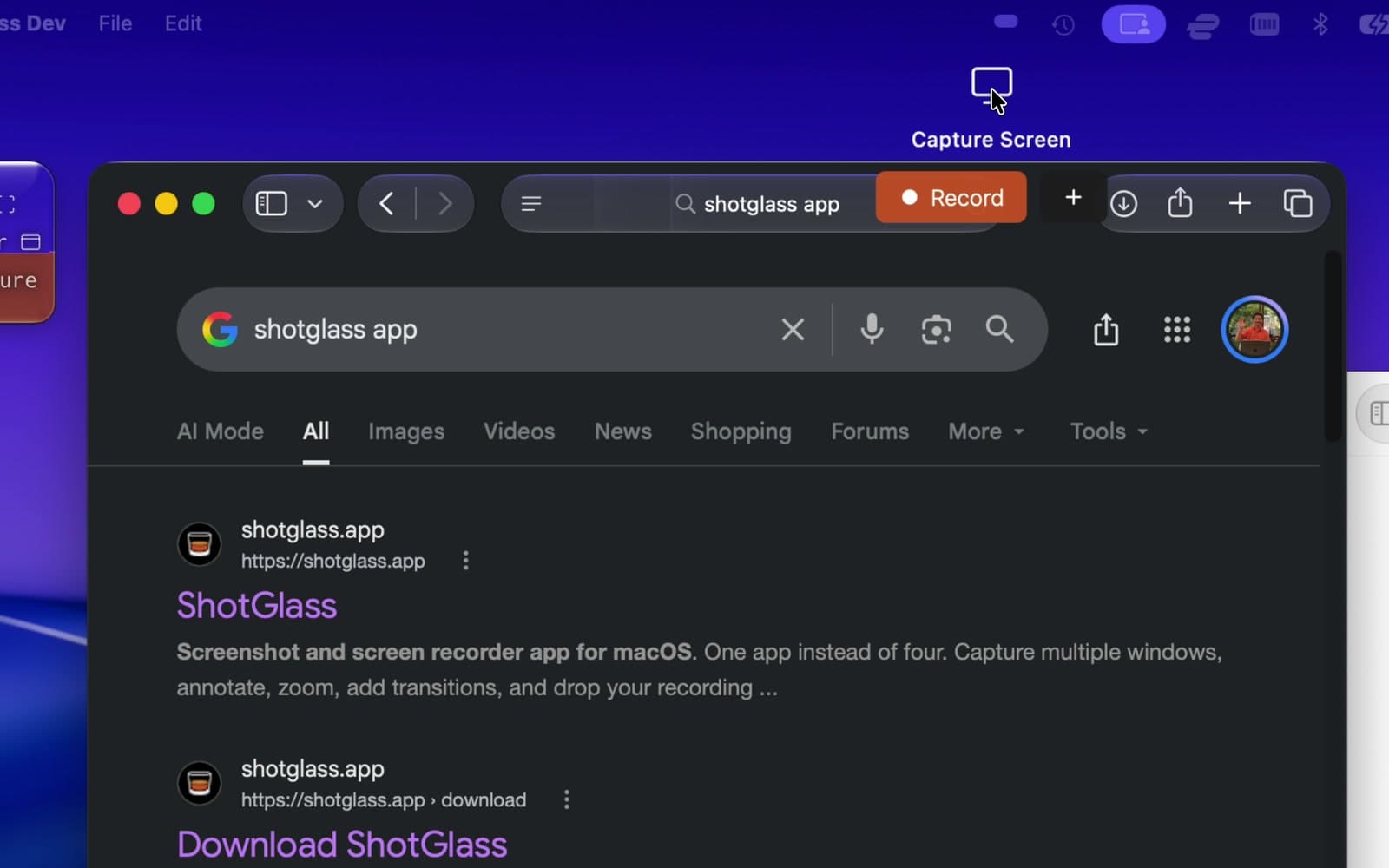 The Capture Screen panel above Safari and an empty Notes window