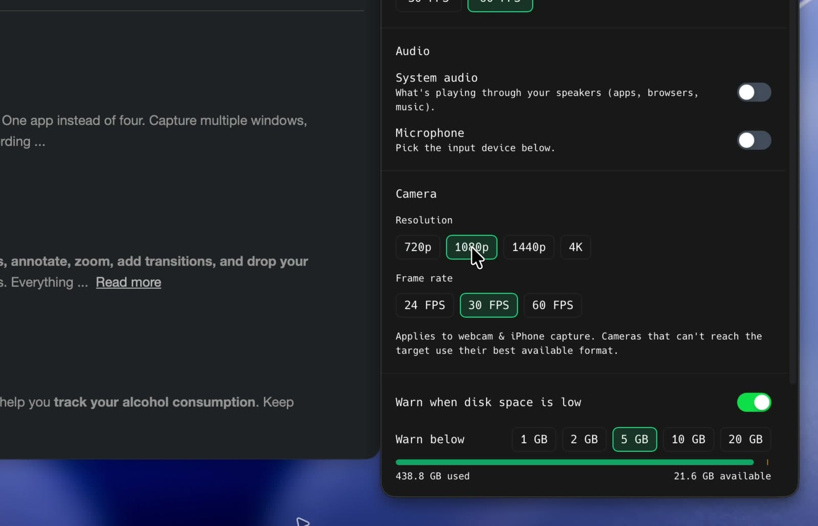 The camera resolution and frame-rate choices in Settings