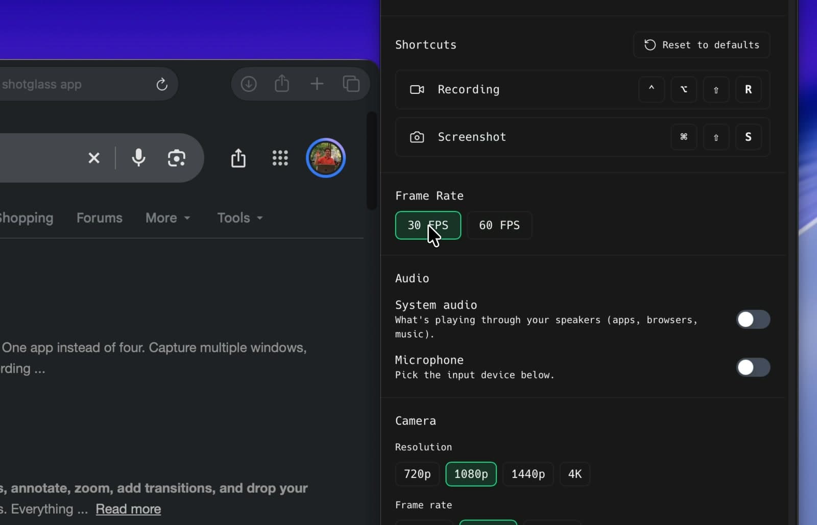 Cursor selecting 30 FPS in the recording frame-rate controls