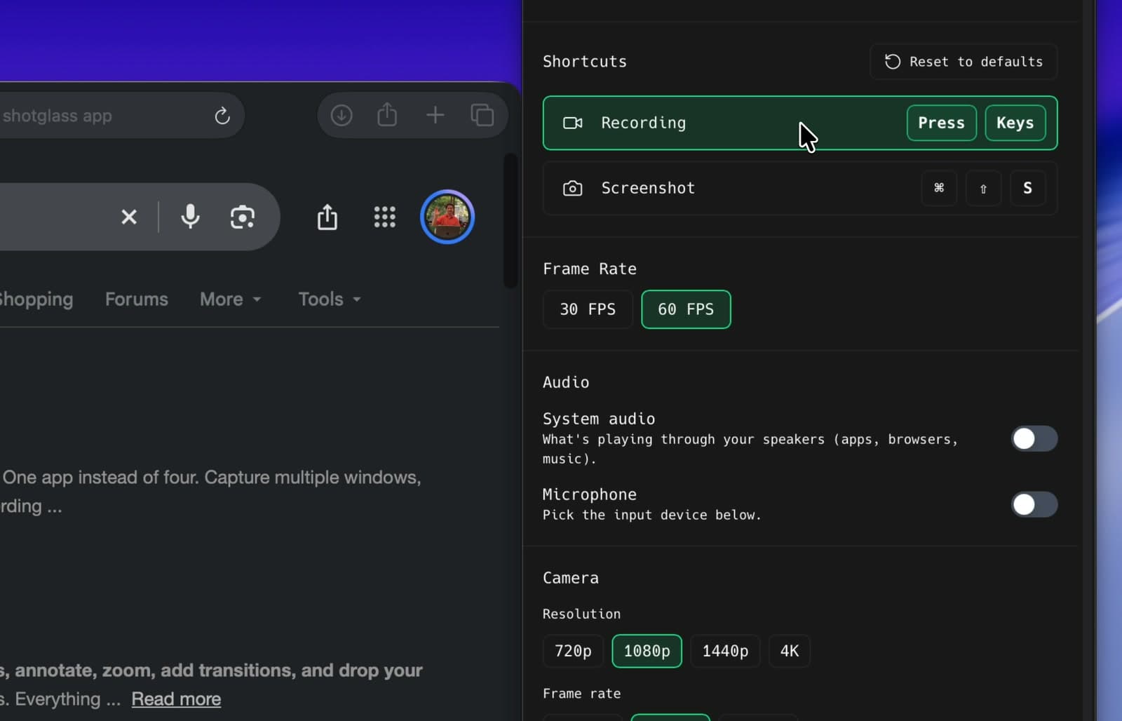 The Recording shortcut highlighted and waiting for keys