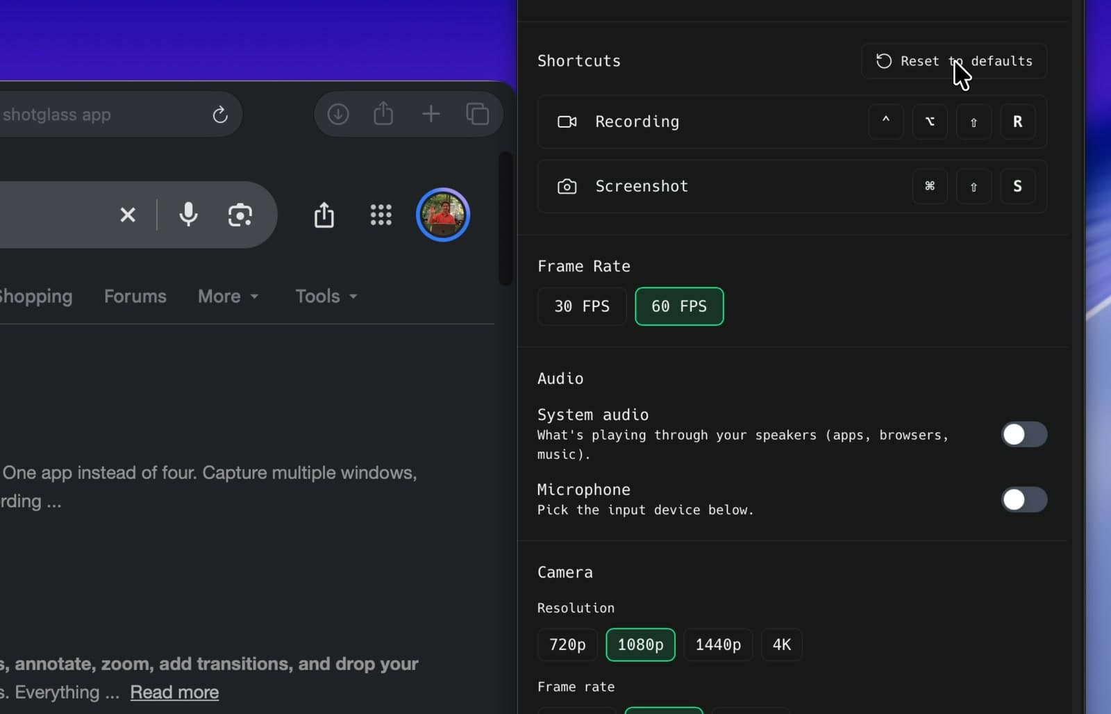 Cursor over Reset to defaults in ShotGlass Settings
