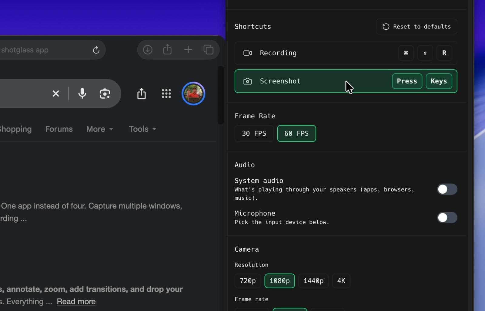 The Screenshot shortcut highlighted and waiting for keys