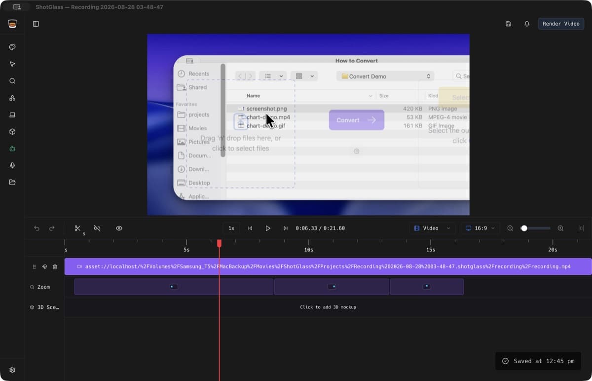 The ShotGlass editor with a recording, zoom track, and timeline
