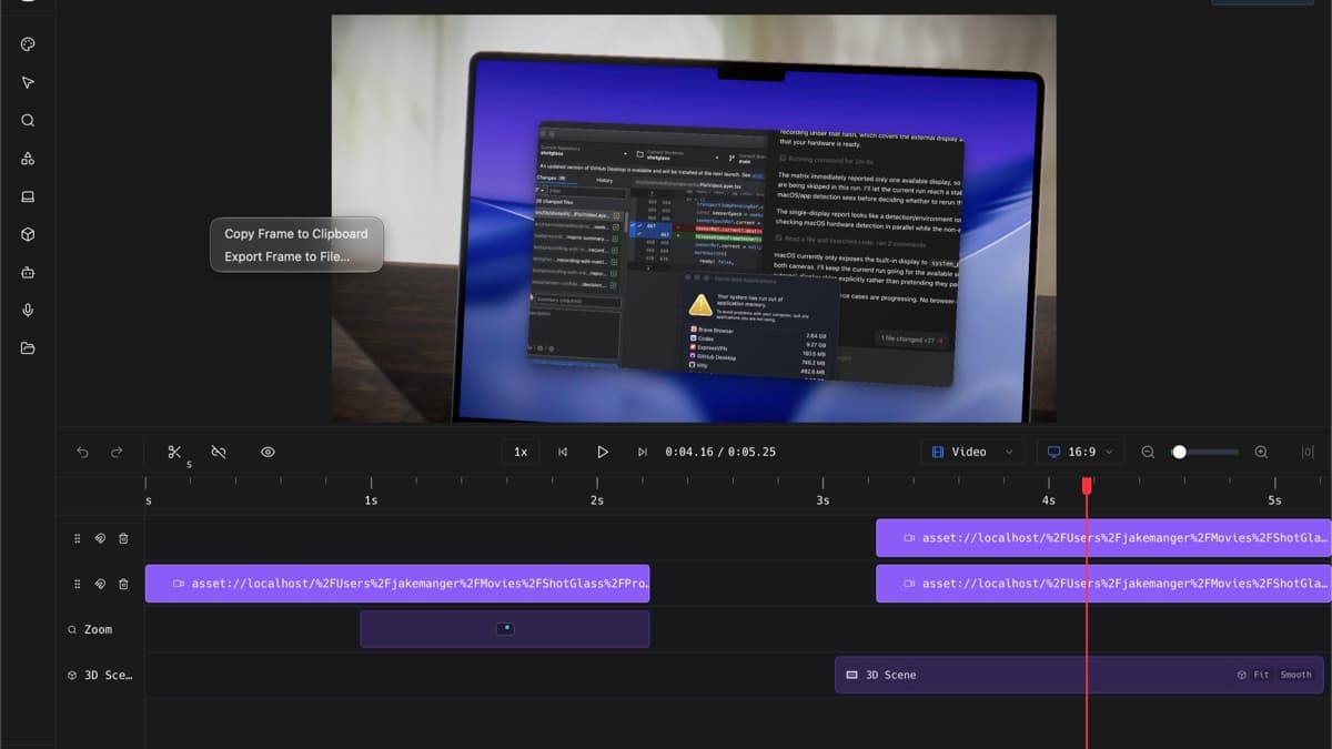 The ShotGlass editor with the preview right-click menu open over a composited frame