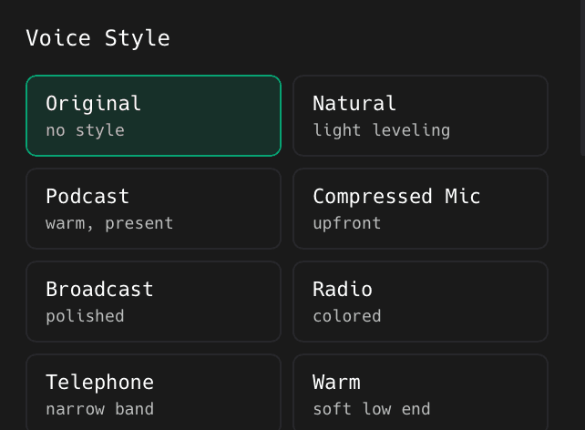 The Voice Style preset grid in the ShotGlass Audio panel