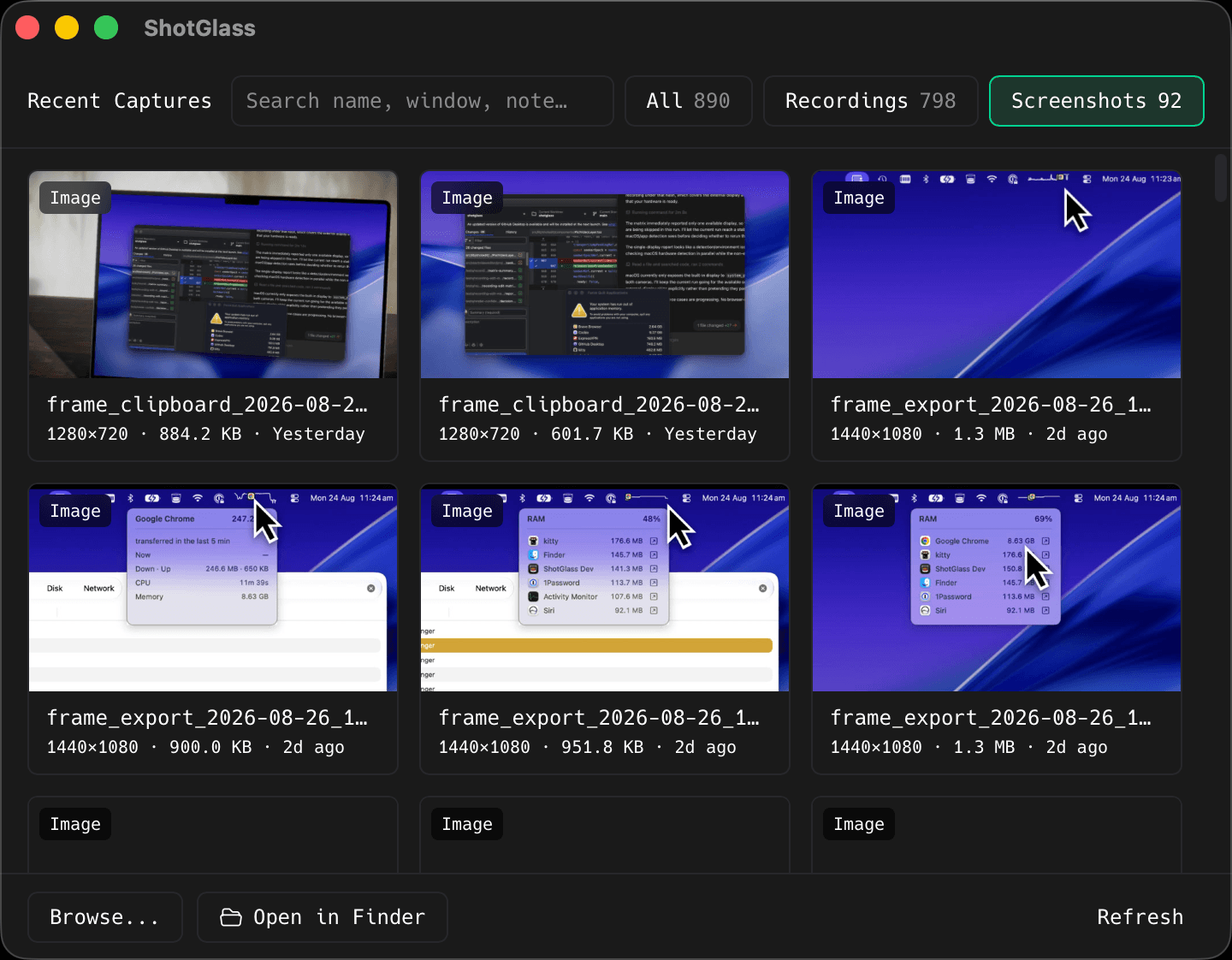 The Recent Captures library: searchable capture cards with thumbnails, and tabs for recordings and screenshots