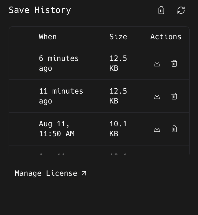 The Save History panel with restorable saves