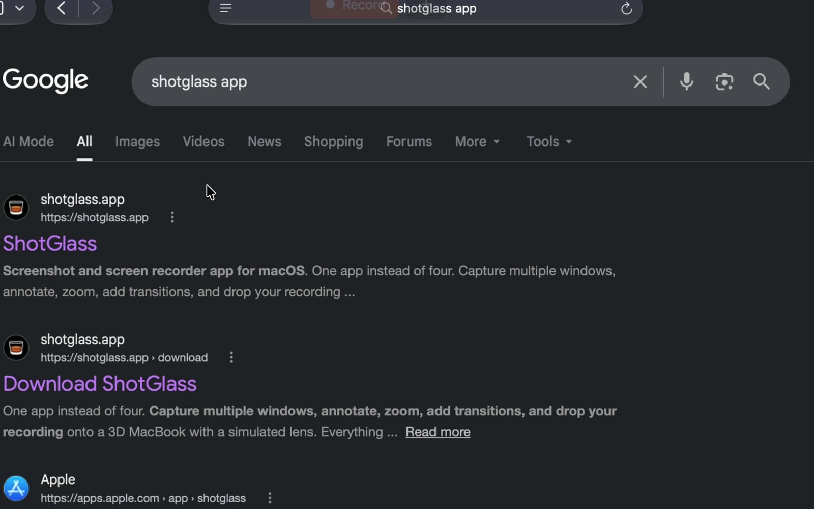 The Safari window selected in ShotGlass, with its app icon and Record button