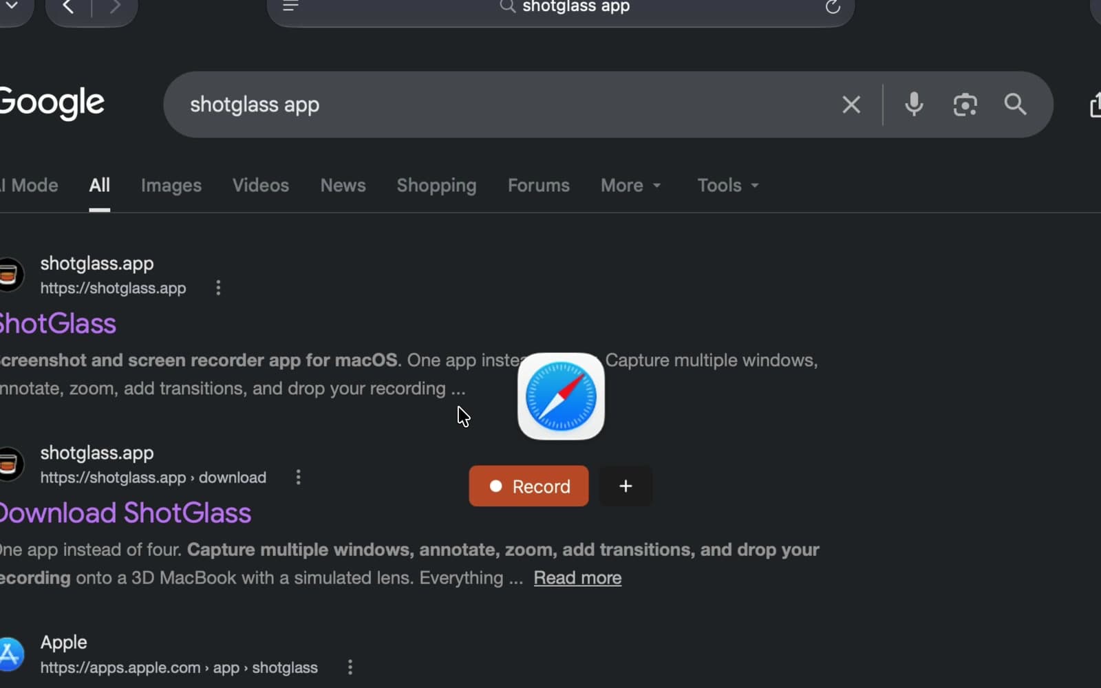 Cursor on Record beneath the Safari icon