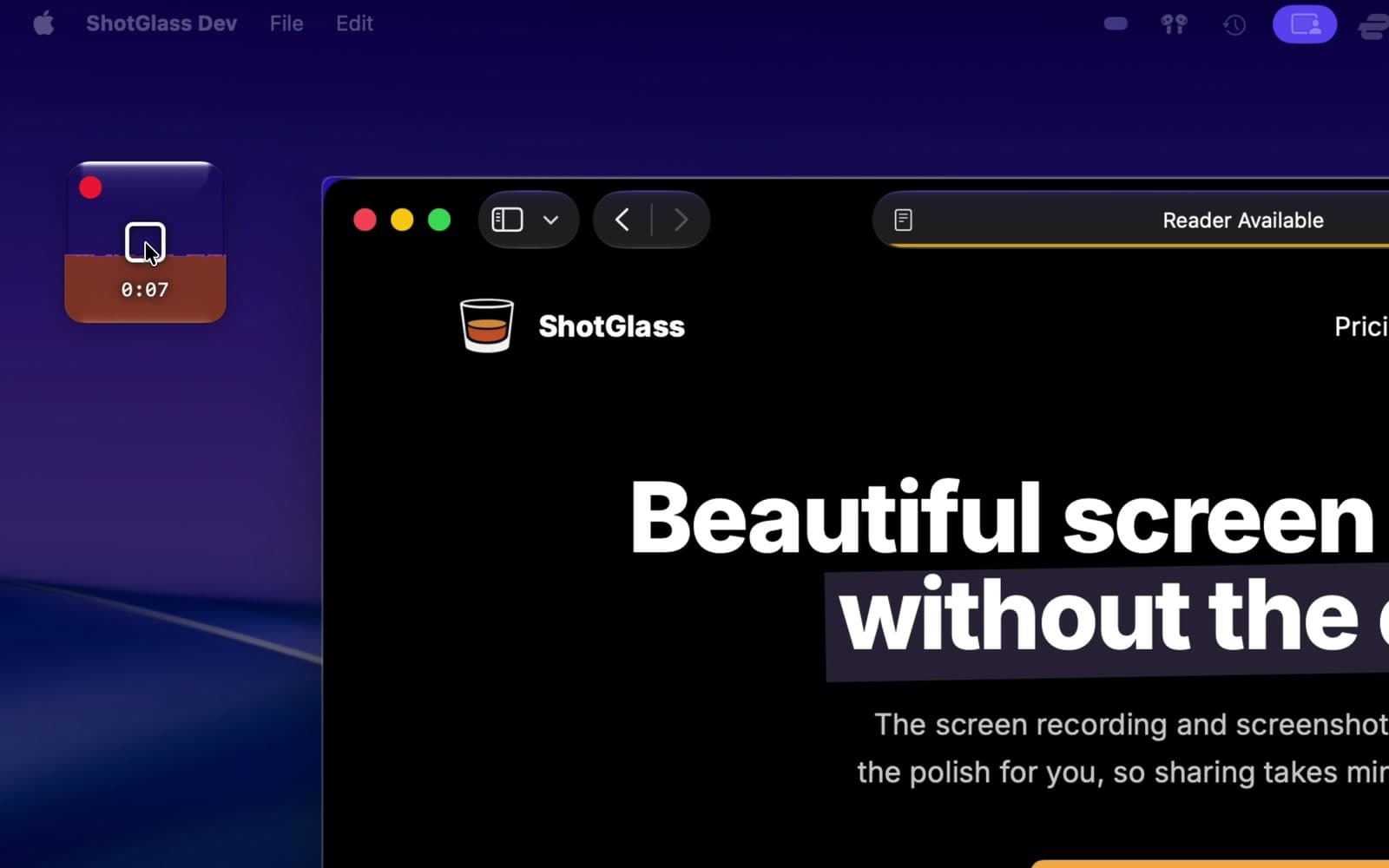 Cursor on Stop in the ShotGlass widget after recording Safari