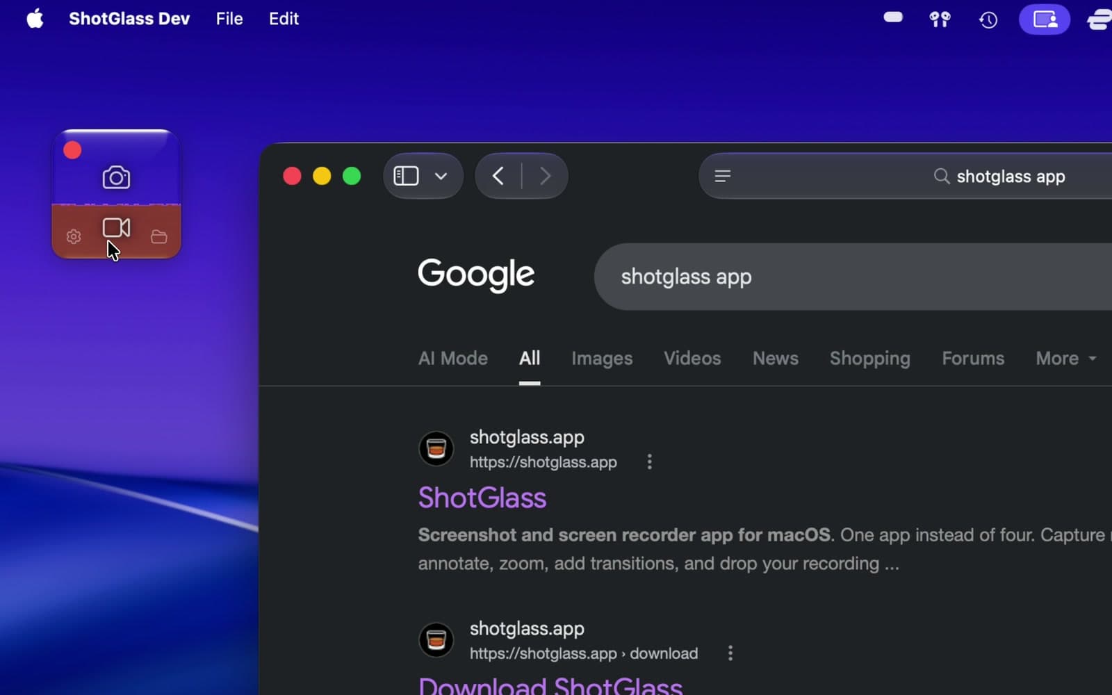 The video-camera button on the ShotGlass widget beside Safari