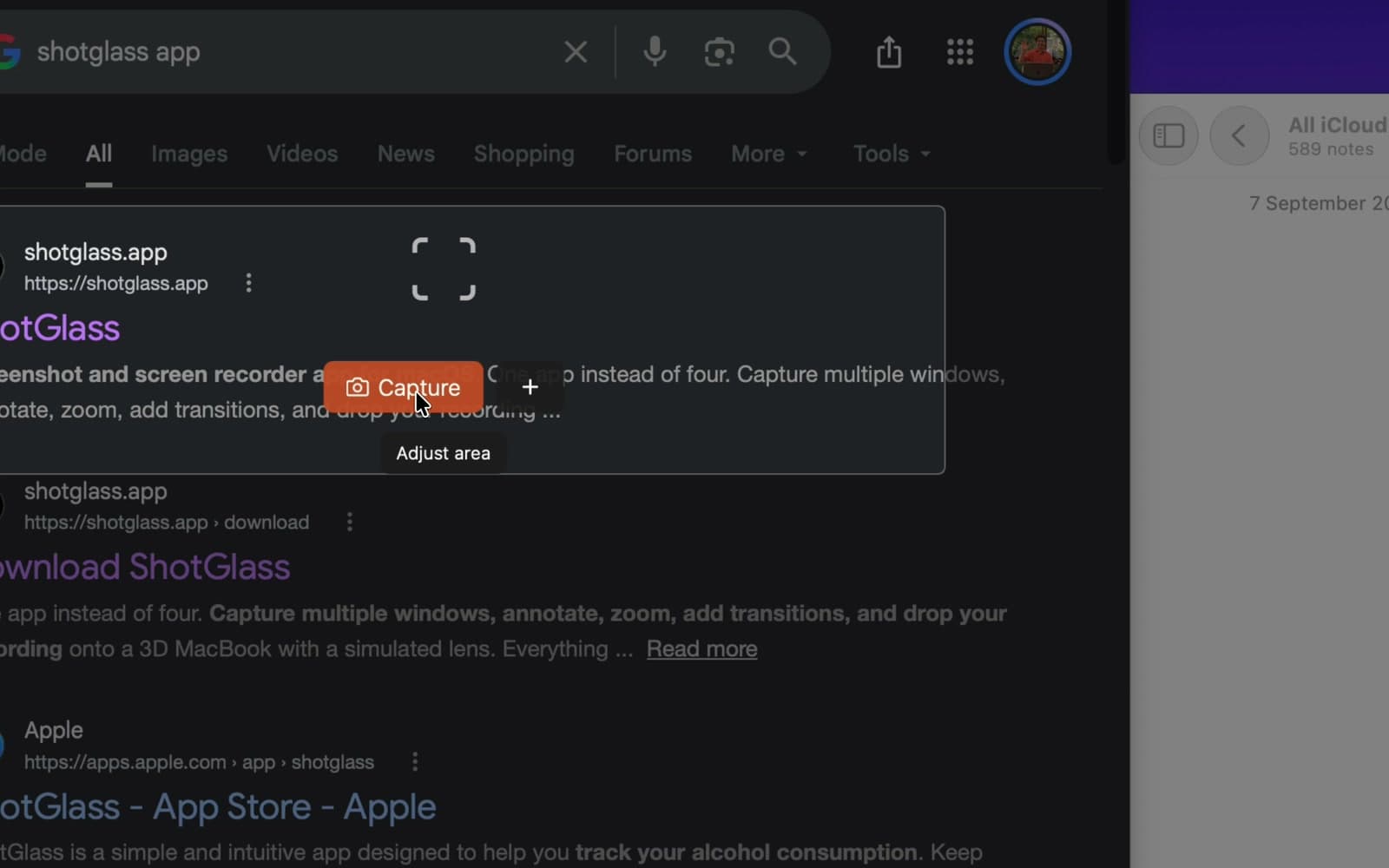The Capture button inside a rectangle around the ShotGlass Google result