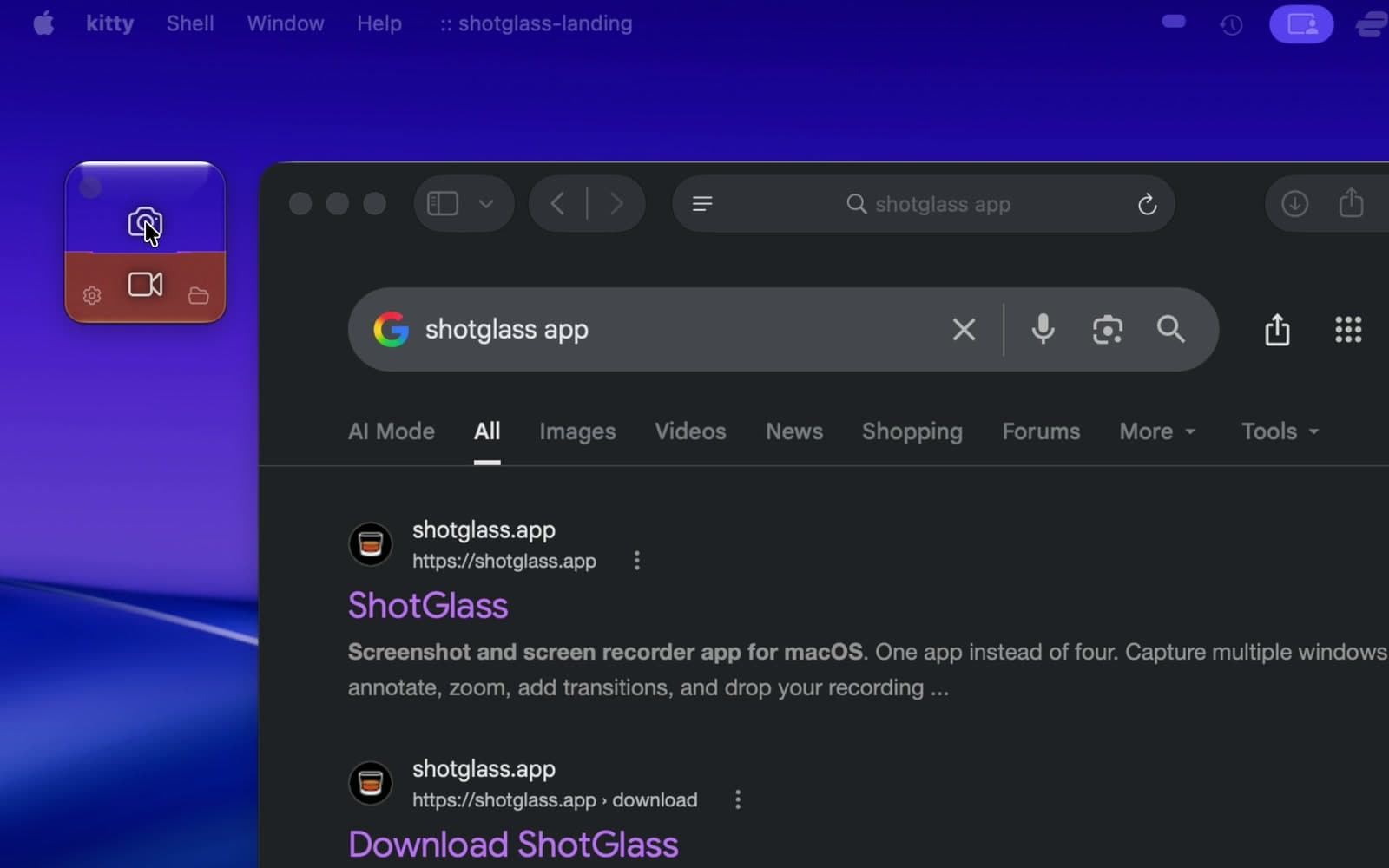 The screenshot camera on the ShotGlass widget beside Safari