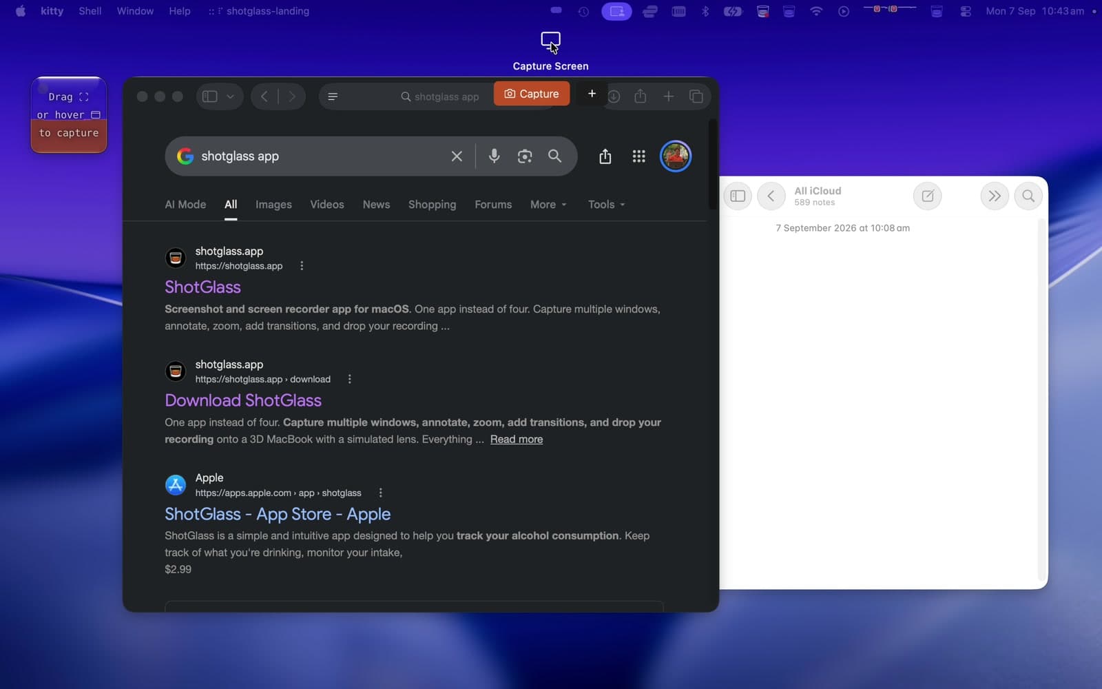 Capture Screen with its Capture button in screenshot mode