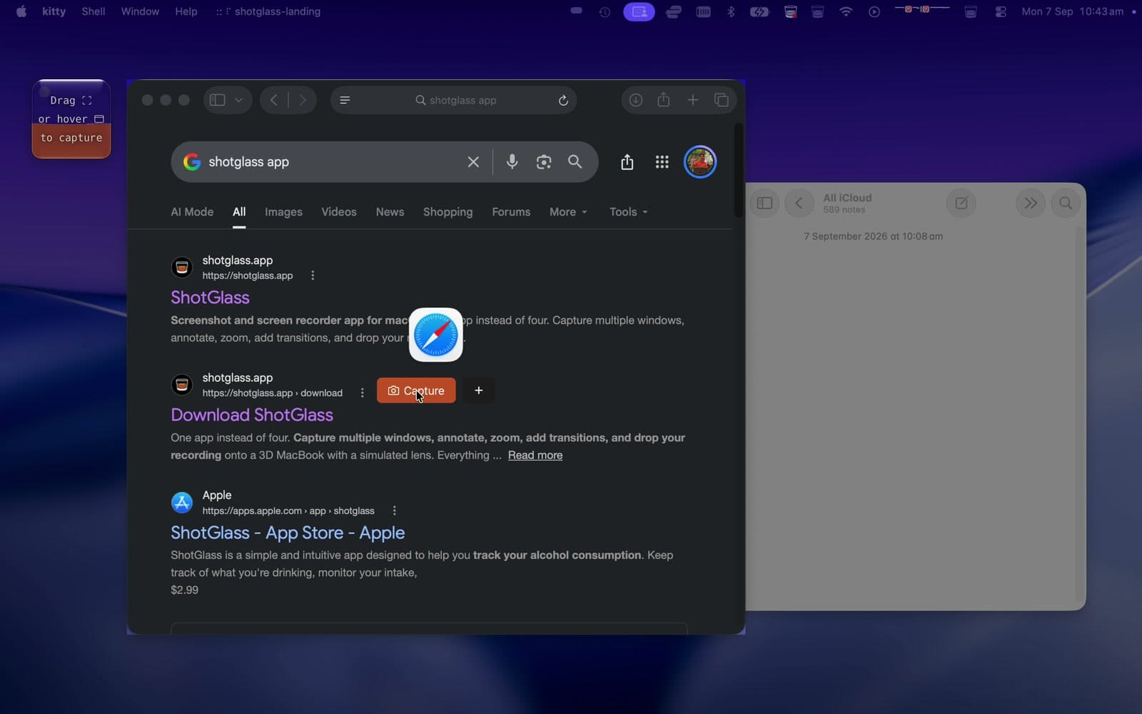 Safari highlighted in screenshot mode, with its Capture button