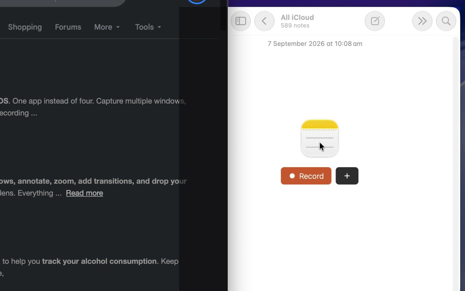 An empty Notes window highlighted as the second source, with Safari already added