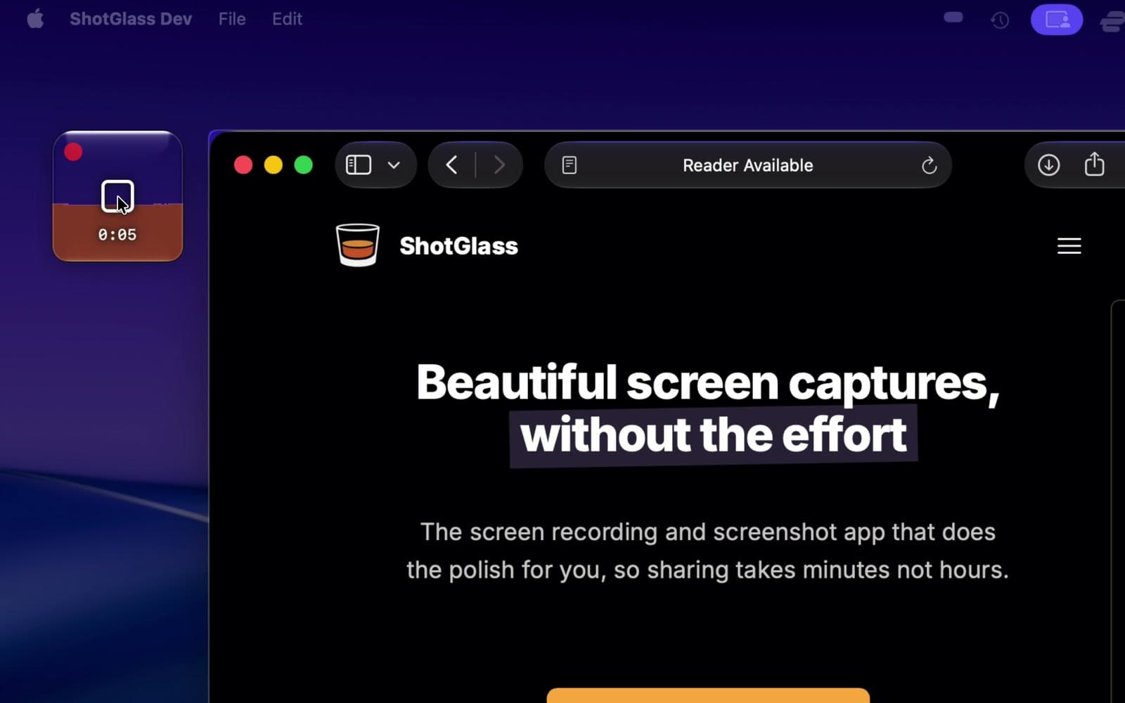 The Stop button after capturing Safari and the empty Notes window