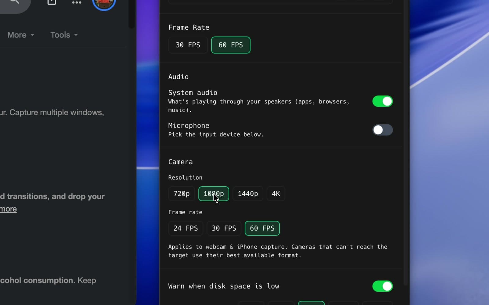 Camera resolution choices in Settings, with 1080p selected