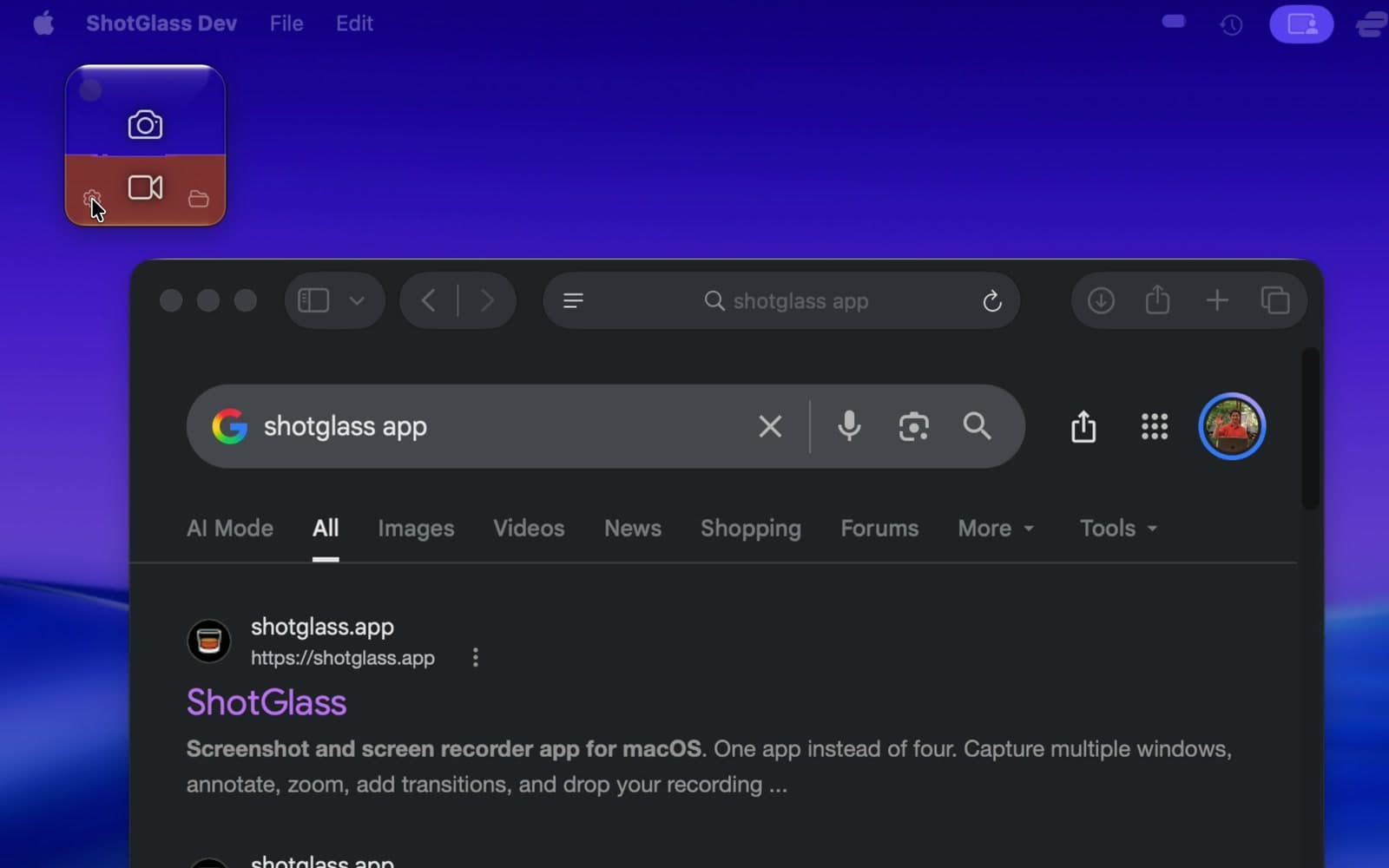 The gear button on the ShotGlass widget beside Safari