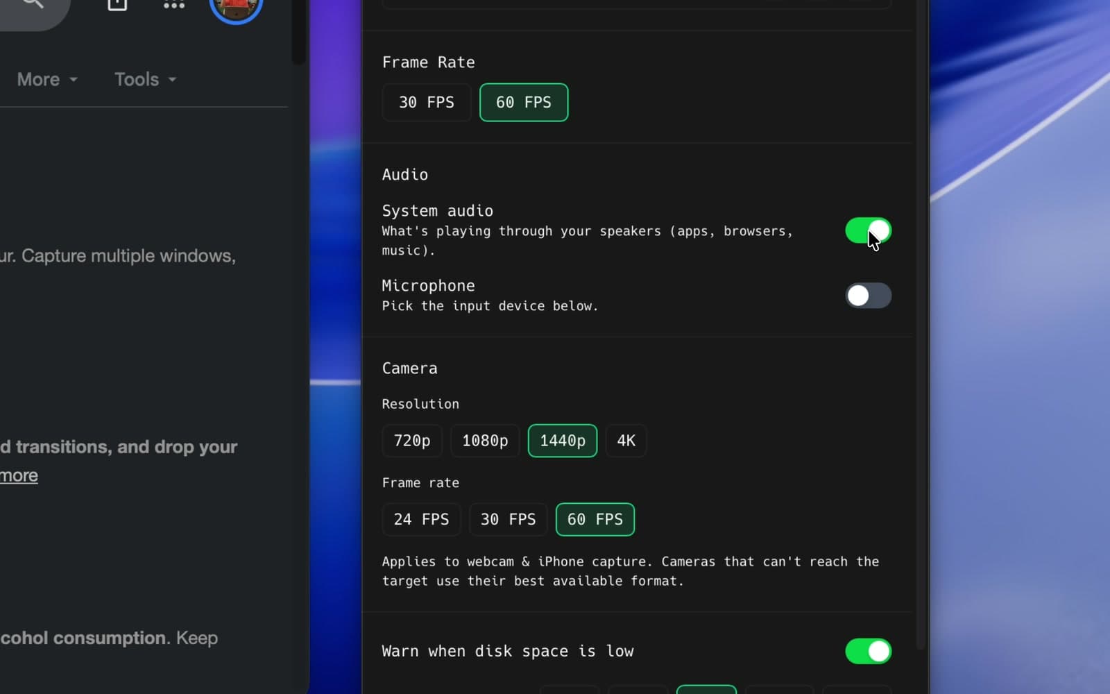 System audio enabled in ShotGlass Settings