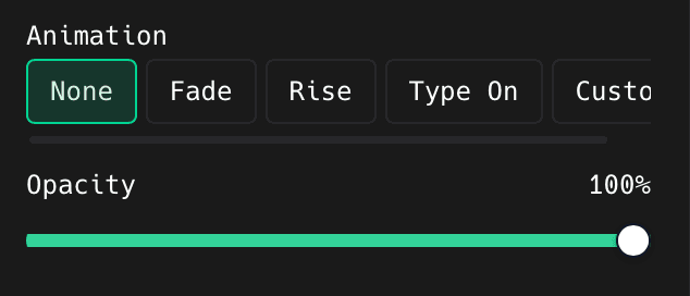 The None, Fade, Rise, Type On, and Custom animation buttons and the Opacity slider in the ShotGlass Annotate panel