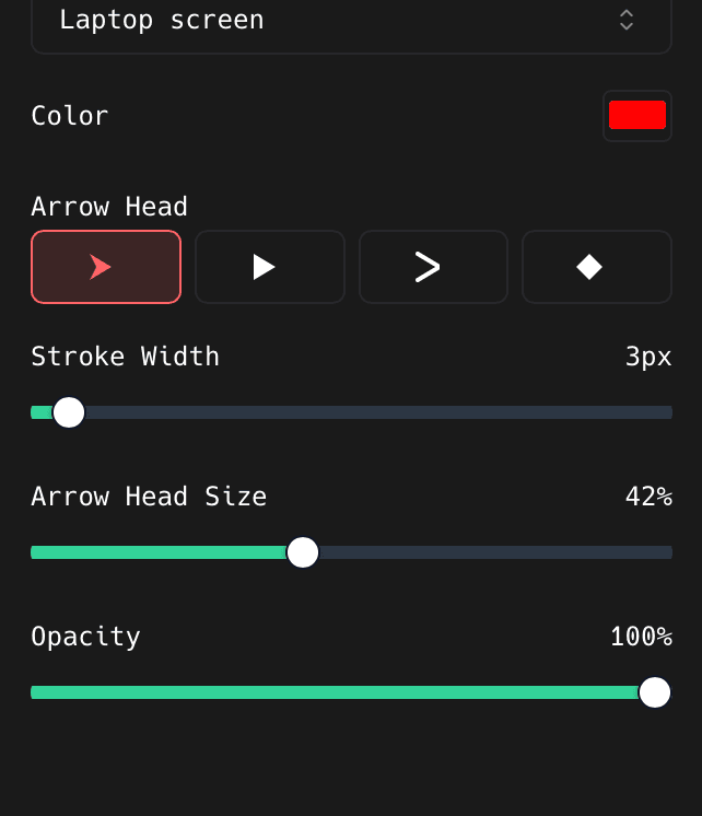 Colour, Arrow Head, Stroke Width, Arrow Head Size, and Opacity controls in the ShotGlass Annotate panel