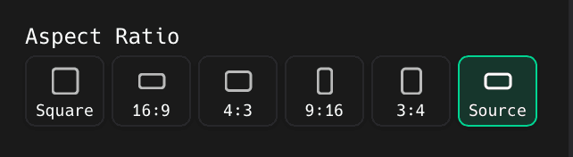 Square, 16:9, 4:3, 9:16, 3:4, and Source aspect ratio buttons in the ShotGlass Camera panel