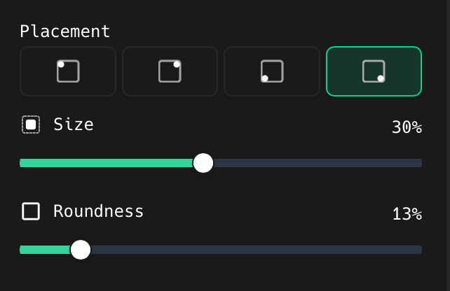 The Placement corner buttons and the Size and Roundness sliders in the ShotGlass Camera panel