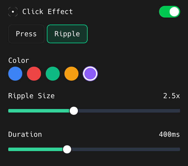 The Click Effect toggle, Press and Ripple buttons, colour swatches, Ripple Size, and Duration controls