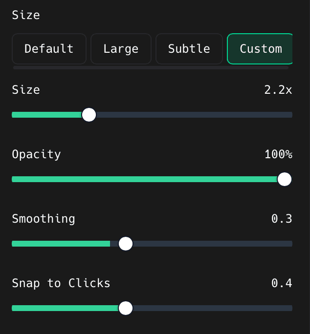 The Size, Opacity, Smoothing, and Snap to Clicks sliders revealed by the Custom button in the ShotGlass Cursor panel