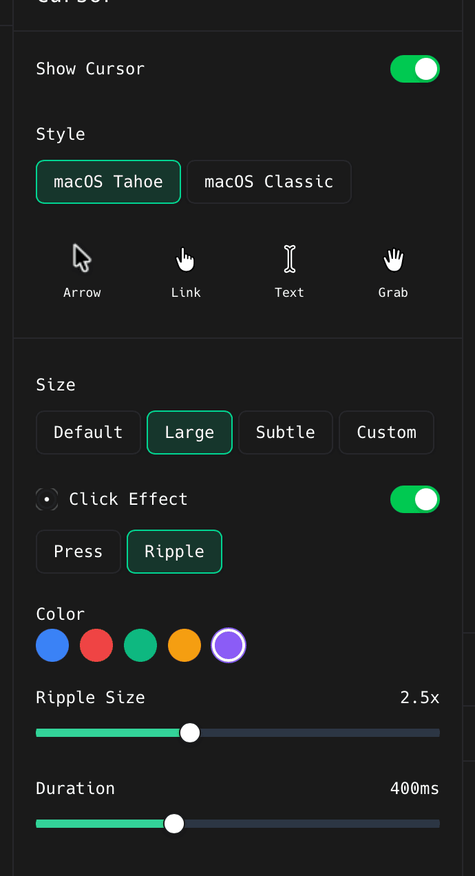 The full ShotGlass Cursor panel