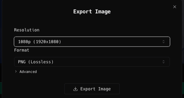 The ShotGlass Export Image sheet with a Resolution menu reading 1080p (1920x1080), a Format menu reading PNG (Lossless), an Advanced disclosure, and an Export Image button