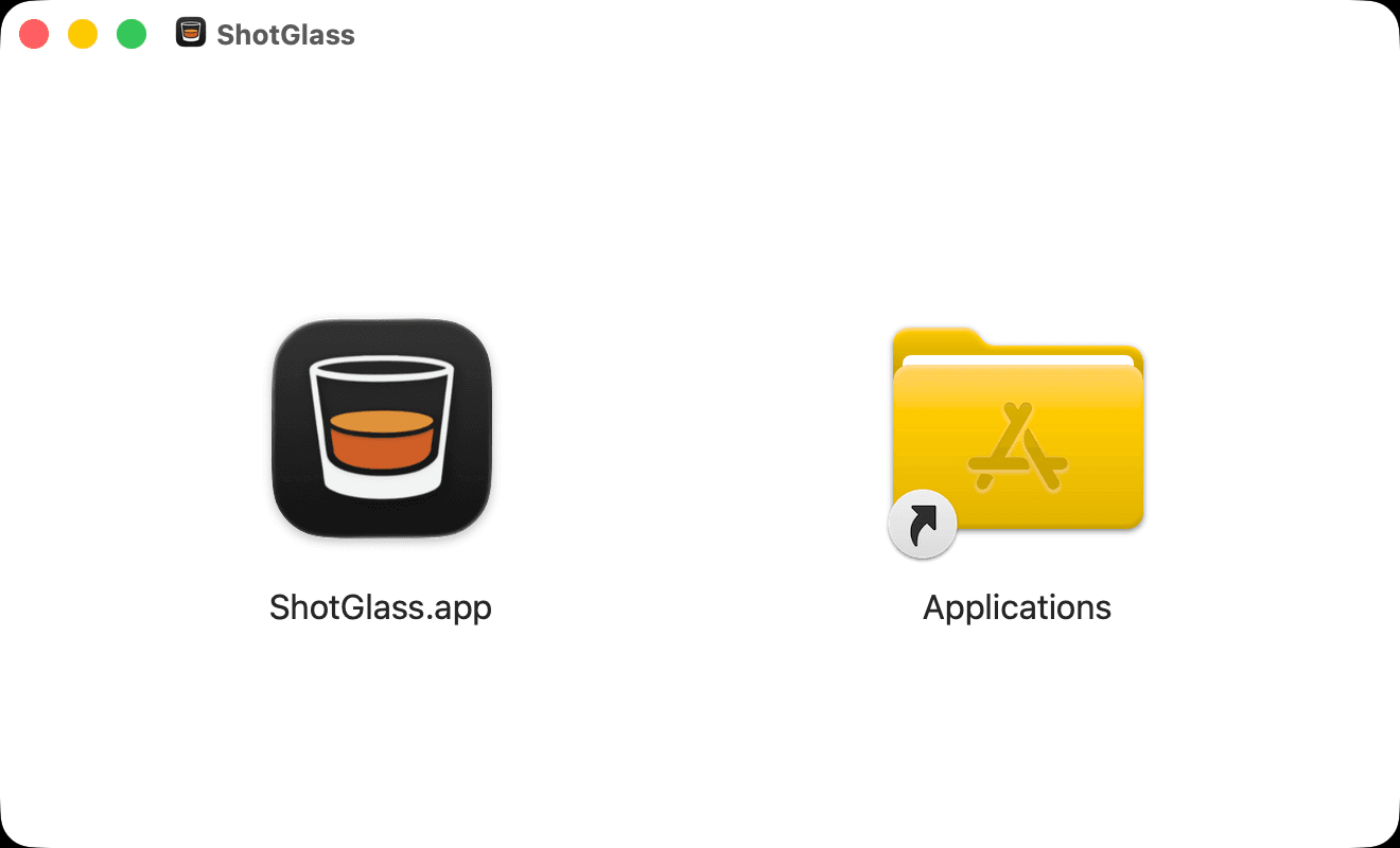 The ShotGlass disk image window: the ShotGlass app icon on the left, an arrow folder shortcut to Applications on the right
