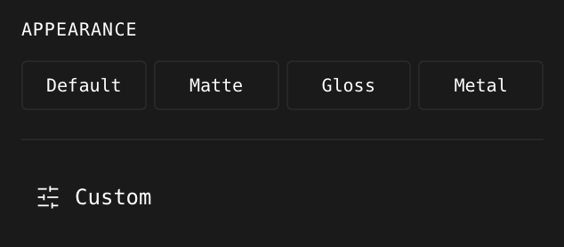 The Default, Matte, Gloss, and Metal material buttons and the Custom link in the ShotGlass 3D Object panel
