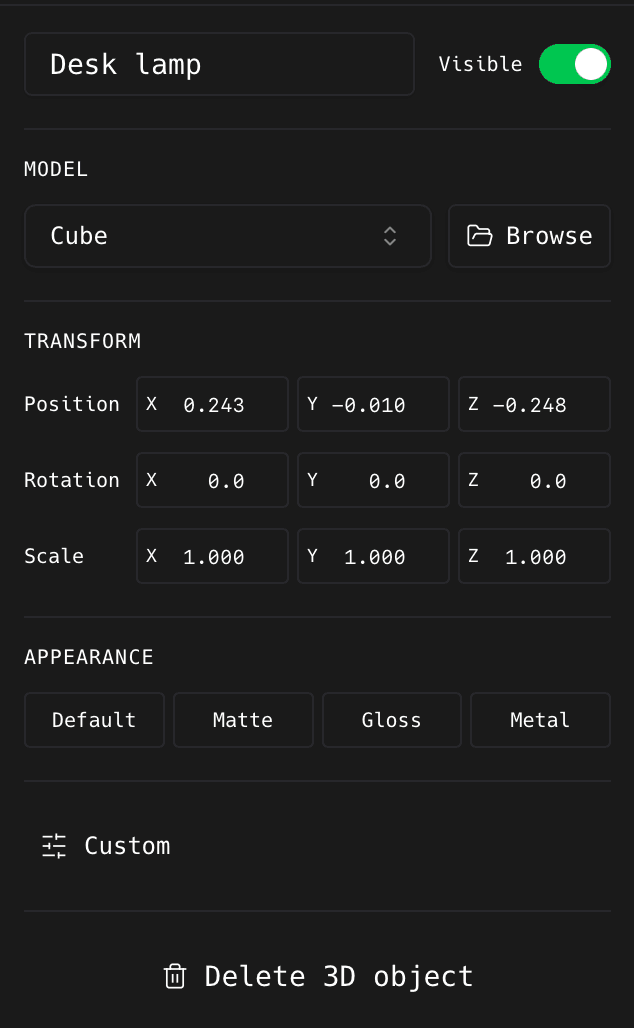 The 3D Object panel for a selected object, showing name, Visible, Model, Transform, Appearance, and Delete 3D object