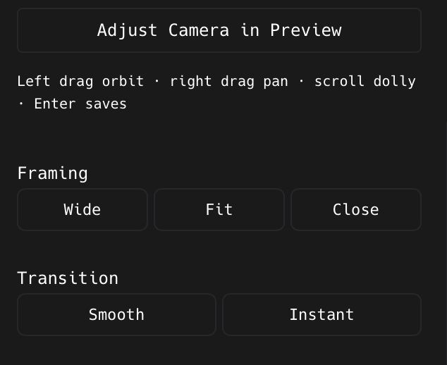 The Adjust Camera in Preview button, its drag hints, and the Framing and Transition buttons in the ShotGlass 3D Scene panel