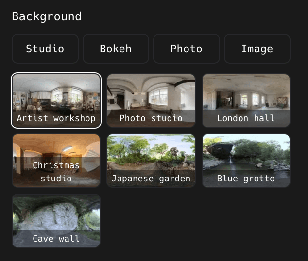The Studio, Bokeh, Photo, and Image background tabs with the photo environment grid in the ShotGlass 3D Scene panel