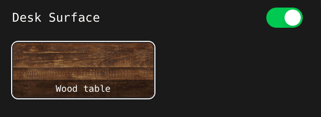 The Desk Surface toggle and Wood table material in the ShotGlass 3D Scene panel