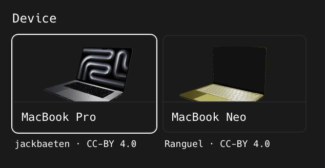 The MacBook Pro and MacBook Neo device choices in the ShotGlass 3D Scene panel