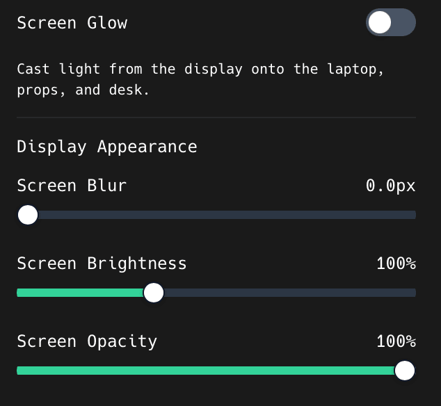 The Screen Glow toggle and the Screen Blur, Screen Brightness, and Screen Opacity sliders in the ShotGlass 3D Scene panel