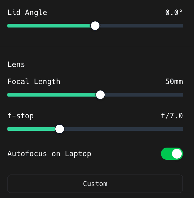 The Lid Angle slider and the Lens section with Focal Length, f-stop, and Autofocus on Laptop in the ShotGlass 3D Scene panel