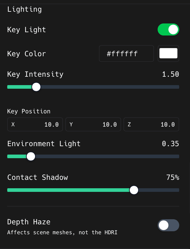 The Key Light, Environment Light, Contact Shadow, and Depth Haze controls in the ShotGlass 3D Scene panel