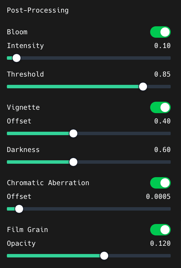 The Bloom, Vignette, Chromatic Aberration, and Film Grain controls in the ShotGlass 3D Scene panel