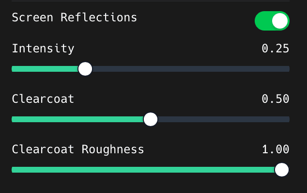 The Screen Reflections toggle with Intensity, Clearcoat, and Clearcoat Roughness sliders in ShotGlass