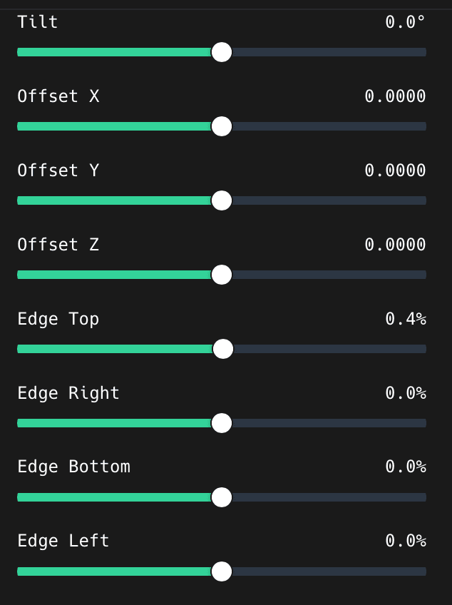 The Tilt, Offset X, Y, Z, and Edge Top, Right, Bottom, Left sliders in the ShotGlass 3D Scene panel