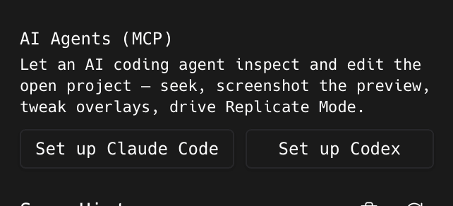 The AI Agents (MCP) section with Set up Claude Code and Set up Codex buttons