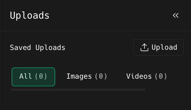 The ShotGlass Uploads panel showing the Upload button beside Saved Uploads, above the All, Images, and Videos tabs